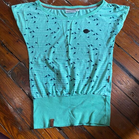 Naketano Bird Stripe Green Short Sleeve Shirt, Italian Blouse, Size Small - Picture 1 of 11